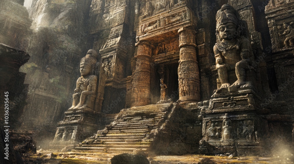 A magnificent ancient temple complex with towering statues and detailed stone reliefs, exuding power, beauty, and cultural significance A magnificent ancient temple complex with towering statues and detailed stone reliefs, exuding power, beauty, and cultural significance