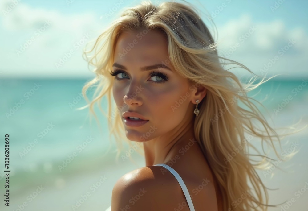 A blond woman in a swimsuit gazes back while standing near the shoreline. Gentle sea waves lap at her feet under a clear blue sky. Long hair, beautiful young face. Travel and clothing adverts. AI A blond woman in a swimsuit gazes back while standing near the shoreline. Gentle sea waves lap at her feet under a clear blue sky. Long hair, beautiful young face. Travel and clothing adverts. AI