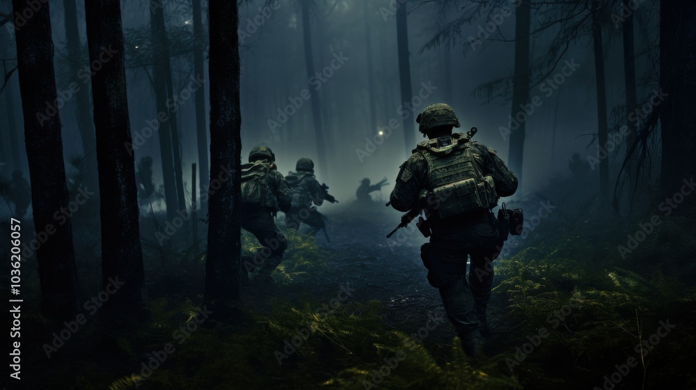 A squad of soldiers in tactical gear maneuvers through a dark, foggy forest, exuding tension and preparation, capturing military readiness. A squad of soldiers in tactical gear maneuvers through a dark, foggy forest, exuding tension and preparation, capturing military readiness.
