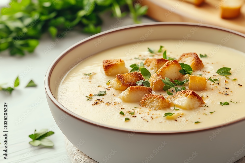 A Bowl of Creamy Potato Soup With Croutons, Served in a Rustic Kitchen, Food Photography, Food Menu Style Photo Image A Bowl of Creamy Potato Soup With Croutons, Served in a Rustic Kitchen, Food Photography, Food Menu Style Photo Image