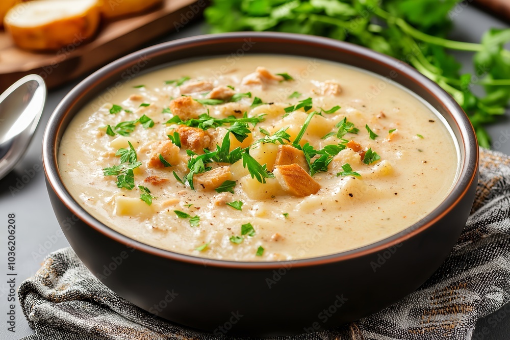 A Bowl of Creamy Potato Soup With Croutons, Served in a Rustic Kitchen, Food Photography, Food Menu Style Photo Image A Bowl of Creamy Potato Soup With Croutons, Served in a Rustic Kitchen, Food Photography, Food Menu Style Photo Image
