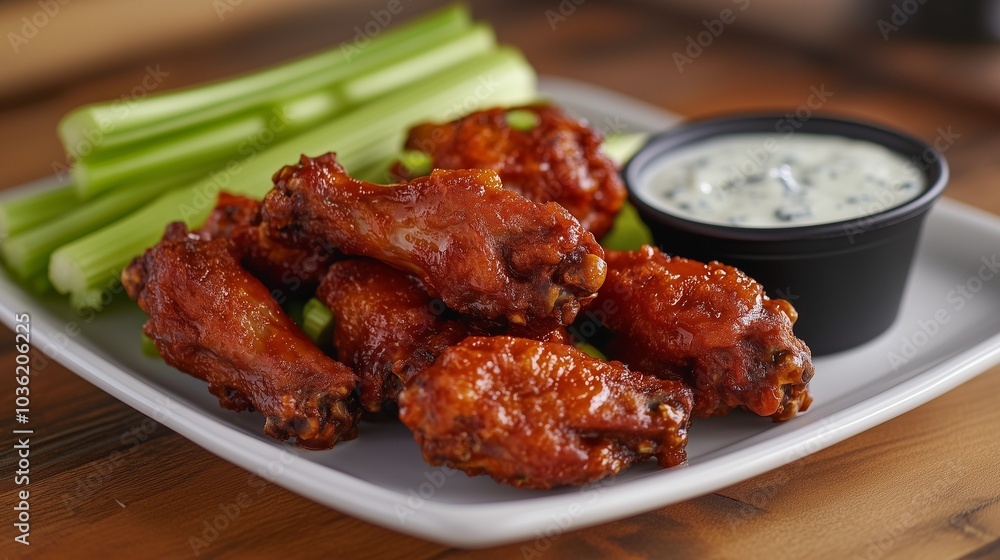 A plate of spicy, savory Buffalo chicken wings served hot with blue cheese sauce and crispy celery sticks A plate of spicy, savory Buffalo chicken wings served hot with blue cheese sauce and crispy celery sticks
