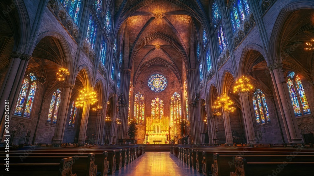 Naklejka premium A beautiful Christian basilica with detailed stonework, towering steeples, and glowing stained glass windows, radiating grace and reverence