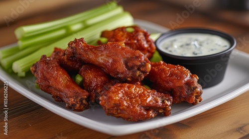 A plate of spicy, savory Buffalo chicken wings served hot with blue cheese sauce and crispy celery sticks