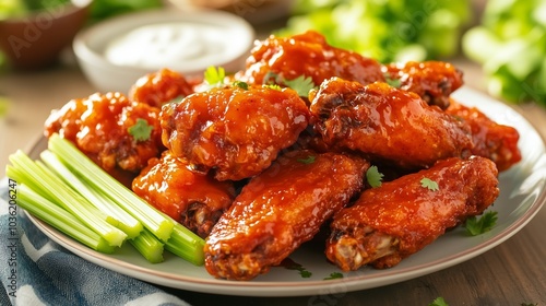 A plate of spicy, savory Buffalo chicken wings served hot with blue cheese sauce and crispy celery sticks