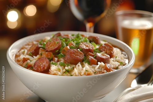 A Bowl of Gumbo With Rice and Andouille Sausage, Served in a Lively New Orleans Restaurant, Food Photography, Food Menu Style Photo Image photo