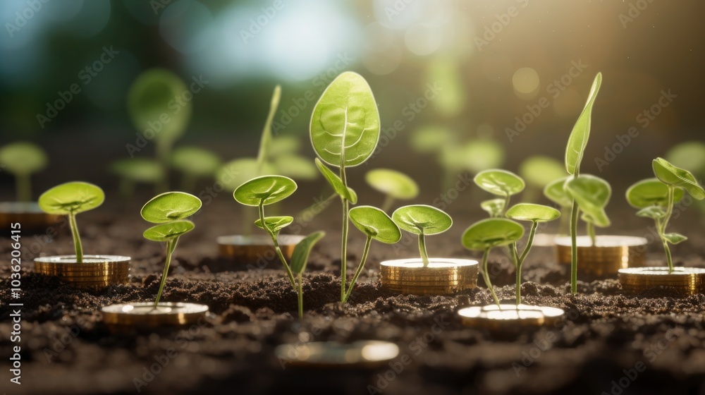 Seedlings sprout from coins, symbolizing growth, sustainability, and the harmony of nature and economy. Seedlings sprout from coins, symbolizing growth, sustainability, and the harmony of nature and economy.
