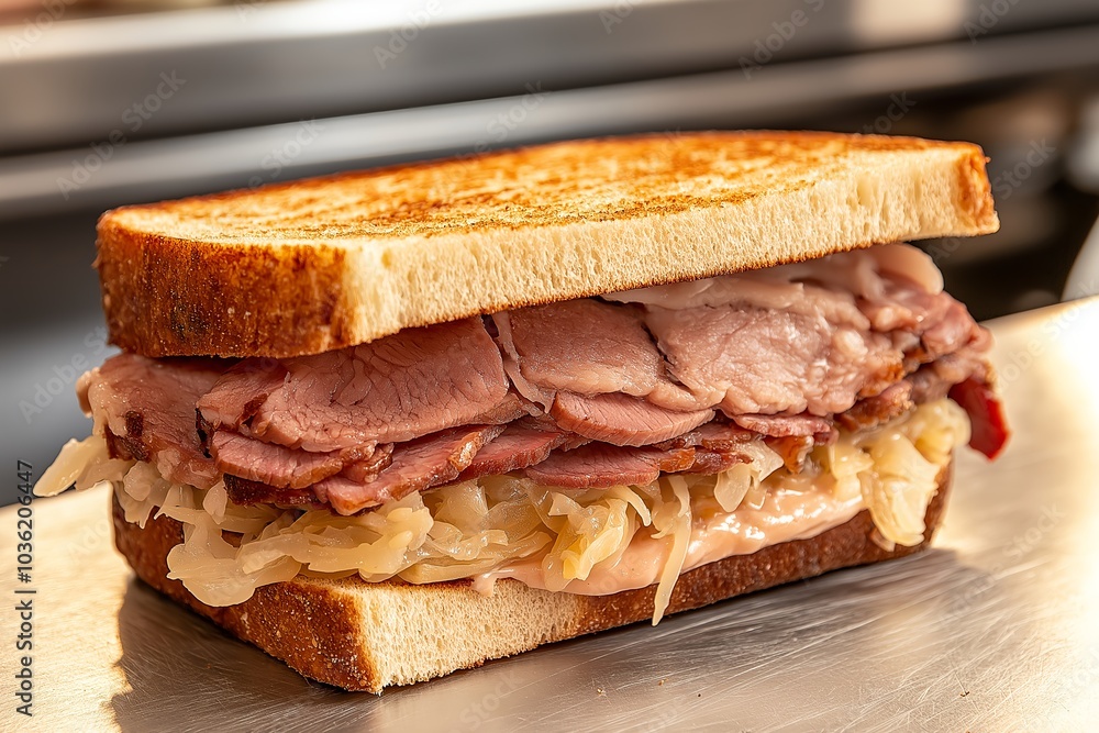 A Classic Reuben Sandwich With Corned Beef and Sauerkraut, Served in a Bustling Deli With Stainless Steel Counters, Food Photography, Food Menu Style Photo Image