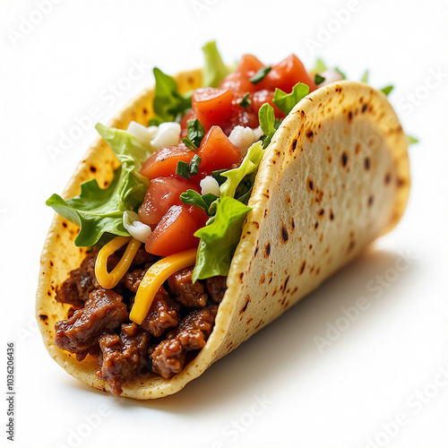Soft taco with seasoned beef, lettuce, cheese, and salsa on clean white background