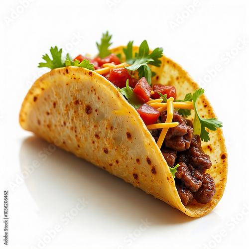 Soft taco with seasoned beef, lettuce, cheese, and salsa on clean white background