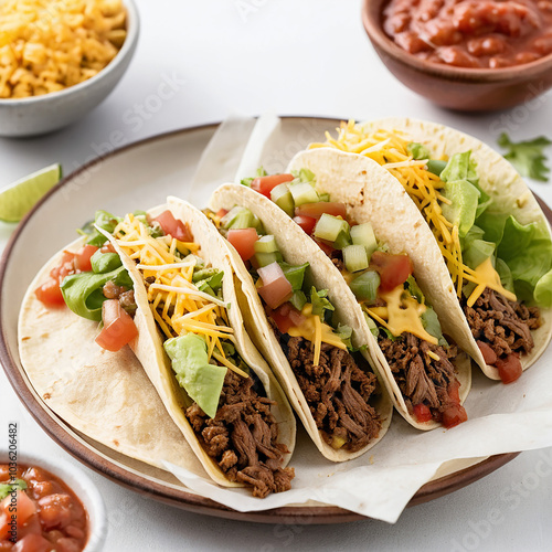 Soft taco with seasoned beef, lettuce, cheese, and salsa on clean white background