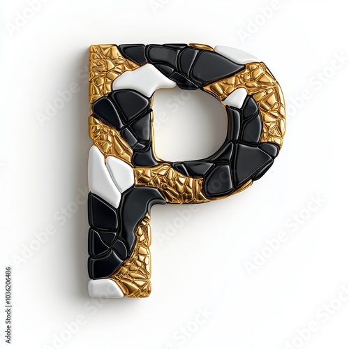 3D Letter P in Gold, Black, and White Colors
