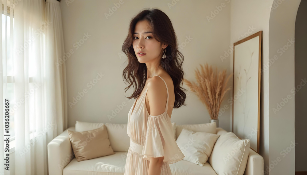 Beauty korean model with her hair styled in loose waves and elegant dress Beauty korean model with her hair styled in loose waves and elegant dress