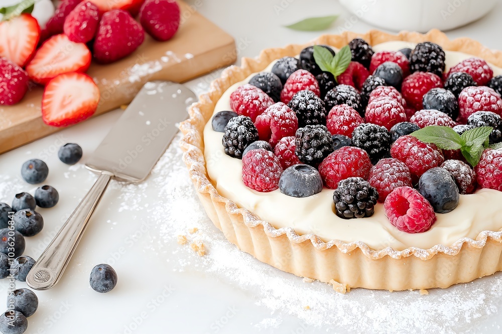 A Homemade Berry Tart With Fresh Fruit, Served on a Rustic Kitchen Table, Dessert Food Photography, Dessert Menu Style Photo Image A Homemade Berry Tart With Fresh Fruit, Served on a Rustic Kitchen Table, Dessert Food Photography, Dessert Menu Style Photo Image