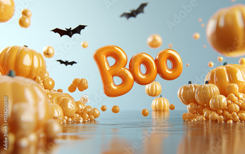 A vibrant Halloween scene featuring orange balloons shaped like pumpkins and the word 