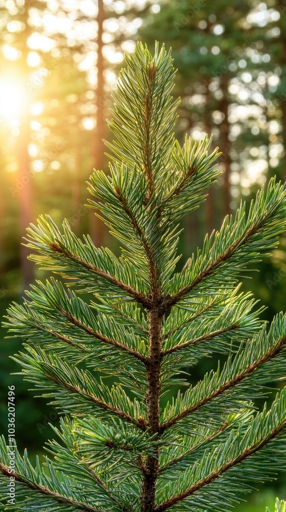 A fir tree branch with vibrant green needles glimmers in the sunlight, surrounded by a blurred forest background, evoking a peaceful atmosphere