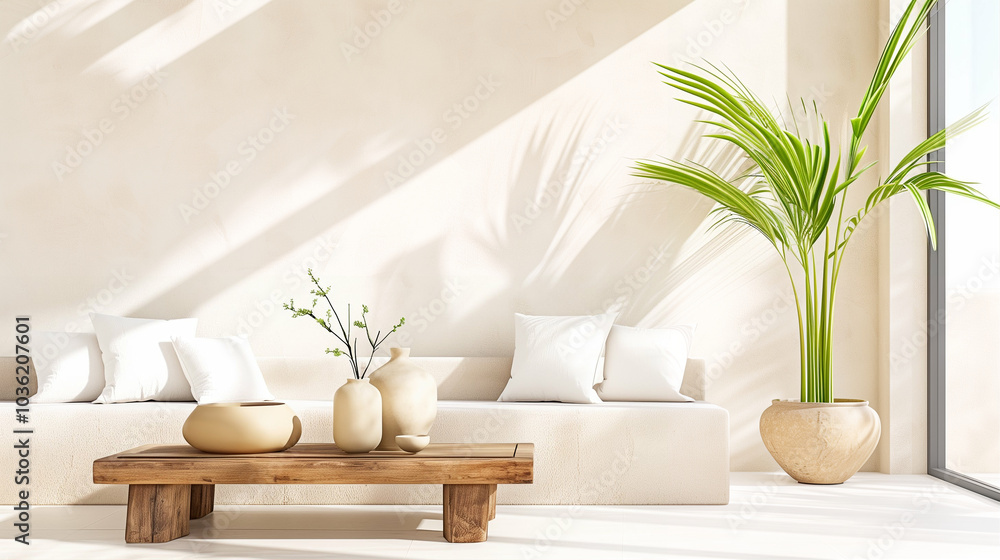Living room with modern interior design featuring beige decor natural elements and bright sunlight Living room with modern interior design featuring beige decor natural elements and bright sunlight
