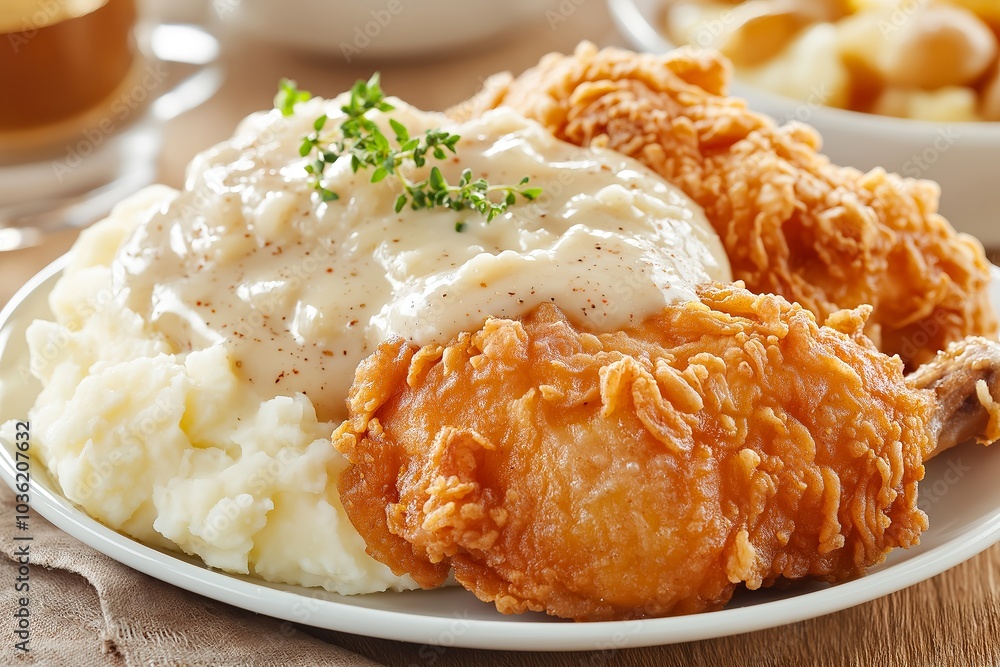 A Plate of Crispy Fried Chicken With Mashed Potatoes and Gravy, Served in a Traditional Southern Restaurant, Food Photography, Food Menu Style Photo Image A Plate of Crispy Fried Chicken With Mashed Potatoes and Gravy, Served in a Traditional Southern Restaurant, Food Photography, Food Menu Style Photo Image