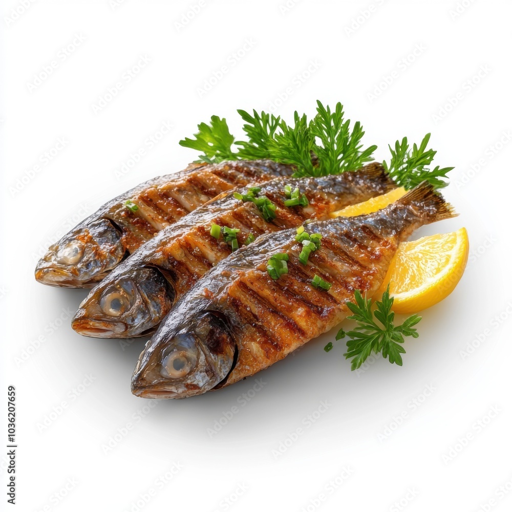 Grilled Fish on White Background with Garnish Grilled Fish on White Background with Garnish