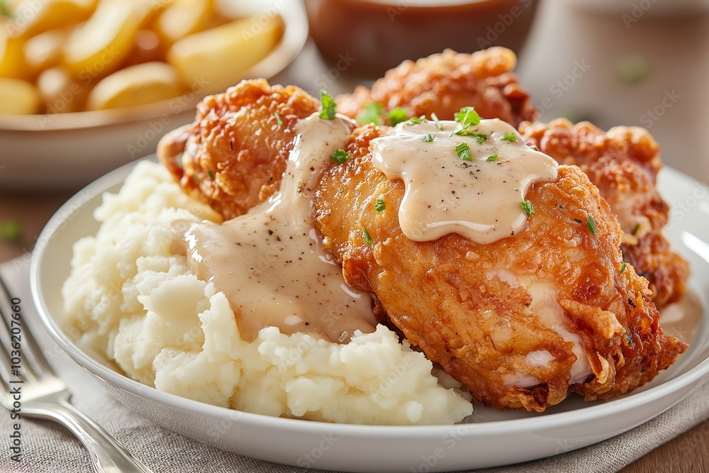 A Plate of Crispy Fried Chicken With Mashed Potatoes and Gravy, Served in a Traditional Southern Restaurant, Food Photography, Food Menu Style Photo Image A Plate of Crispy Fried Chicken With Mashed Potatoes and Gravy, Served in a Traditional Southern Restaurant, Food Photography, Food Menu Style Photo Image