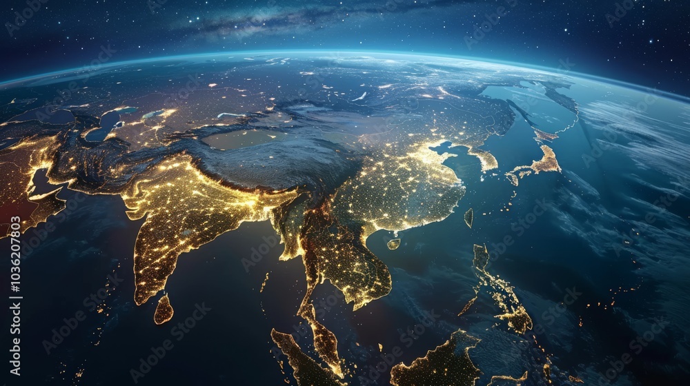 3D Earth with realistic cloud atmosphere and night lights in Asia 3D Earth with realistic cloud atmosphere and night lights in Asia