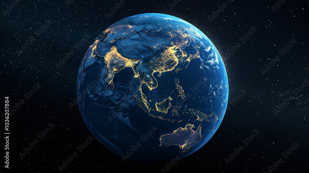 Fototapeta premium 3D Earth with realistic cloud atmosphere and night lights in Asia