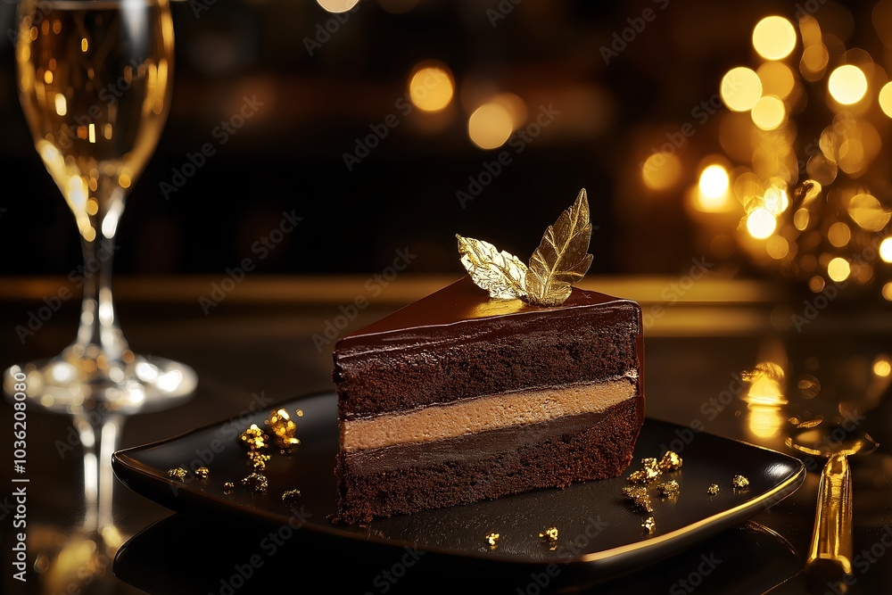 A Slice of Chocolate Mousse Cake With Gold Leaf Decoration, Presented in an Upscale Lounge, Dessert Food Photography, Dessert Menu Style Photo Image