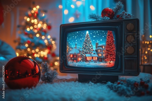 Retro TV playing Christmas scene by a cozy fireplace with tree and festive decorations photo