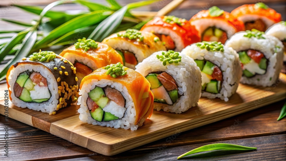 Wooden platter holding a colorful variety of fresh sushi rolls Wooden platter holding a colorful variety of fresh sushi rolls