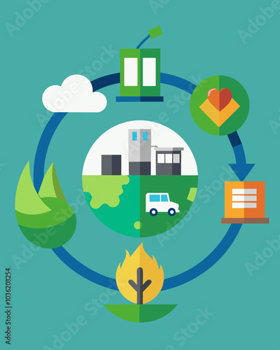 An illustration of the circular economy with pictures of products at different stages of their lifecycle emphasizing the value of repurposing and recycling in creating a. Vector illustration