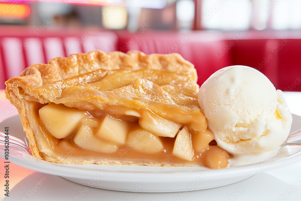 A Warm Slice of Apple Pie With a Scoop of Vanilla Ice Cream, Served in a Cozy American Diner, Dessert Food Photography, Dessert Menu Style Photo Image A Warm Slice of Apple Pie With a Scoop of Vanilla Ice Cream, Served in a Cozy American Diner, Dessert Food Photography, Dessert Menu Style Photo Image