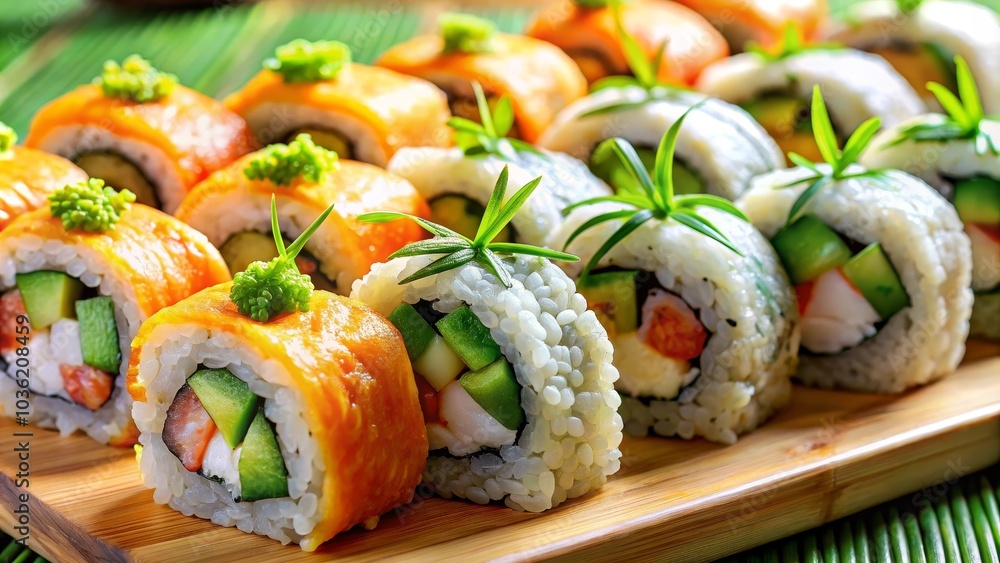 Wooden platter holding a colorful variety of fresh sushi rolls Wooden platter holding a colorful variety of fresh sushi rolls