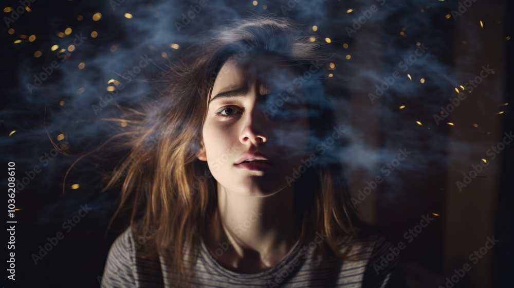 A woman gazes into smoky swirls, surrounded by floating sparks, creating an ethereal, dreamlike scene. A woman gazes into smoky swirls, surrounded by floating sparks, creating an ethereal, dreamlike scene.