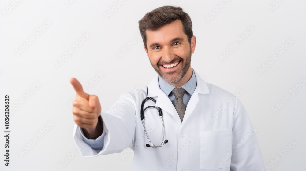 A cheerful doctor in a white coat confidently points forward, exuding friendliness and trust. A cheerful doctor in a white coat confidently points forward, exuding friendliness and trust.
