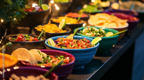 A festive taco station featuring a variety of fillings such as grilled fish, barbacoa, and roasted vegetables photo