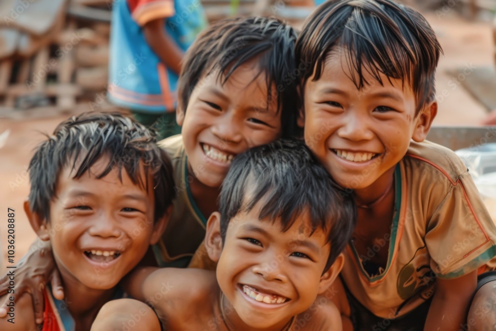 Group of children smiling at the camera on the street of the village Group of children smiling at the camera on the street of the village