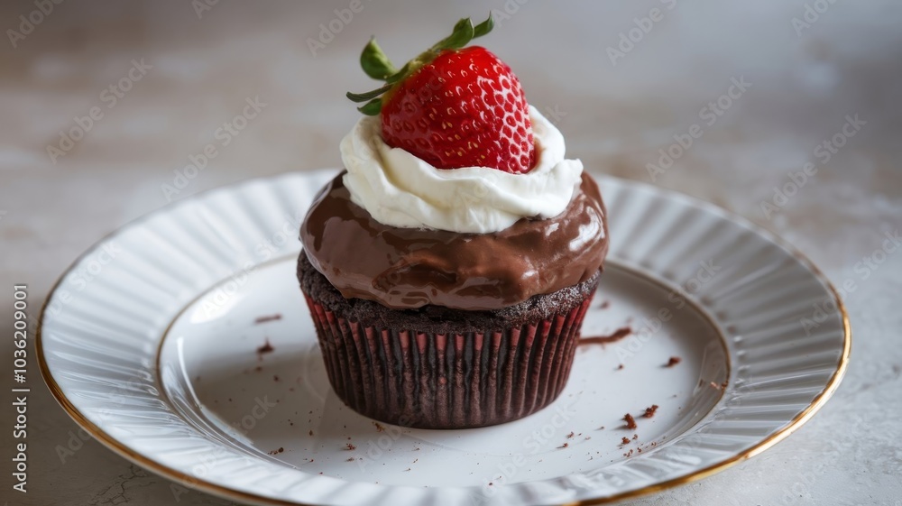 Decadent chocolate cupcake topped with fresh strawberry on a white plate Decadent chocolate cupcake topped with fresh strawberry on a white plate