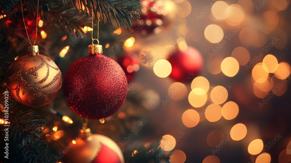 closeup red christmas balls caught from a tree banner style closeup red christmas balls caught from a tree banner style