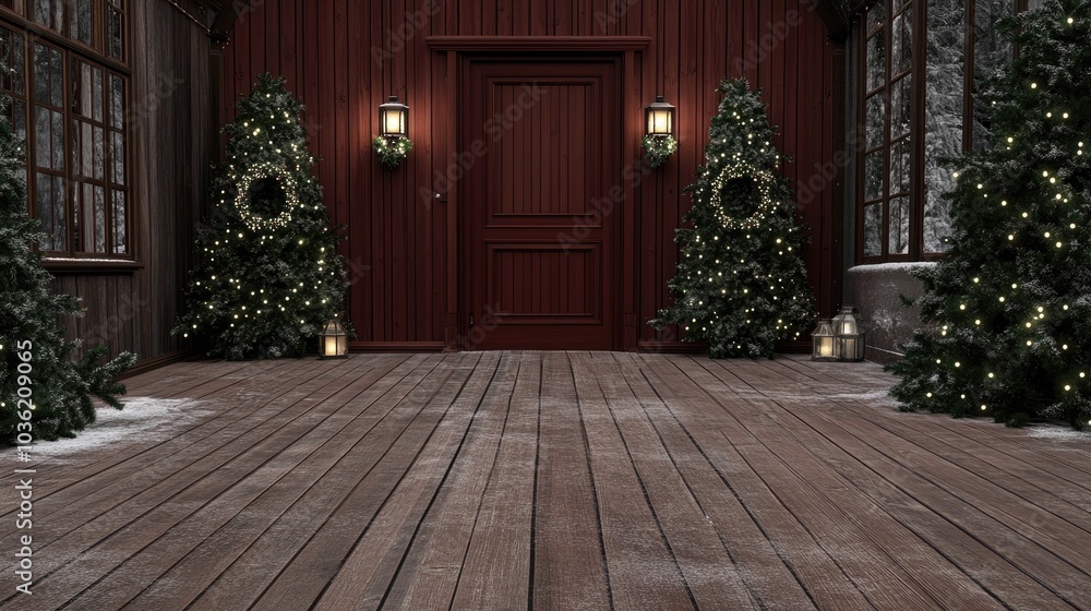 The red front door is festively decorated with a wreath and garland, welcoming visitors to a warm, inviting home entrance during Christmas The red front door is festively decorated with a wreath and garland, welcoming visitors to a warm, inviting home entrance during Christmas