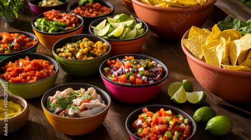 A festive taco station featuring an array of fillings like grilled fish, barbacoa, and roasted vegetables photo