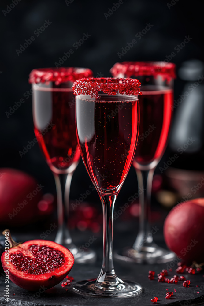 pomegranate mimosas in champagne flutes with red sugar rims and festive background pomegranate mimosas in champagne flutes with red sugar rims and festive background