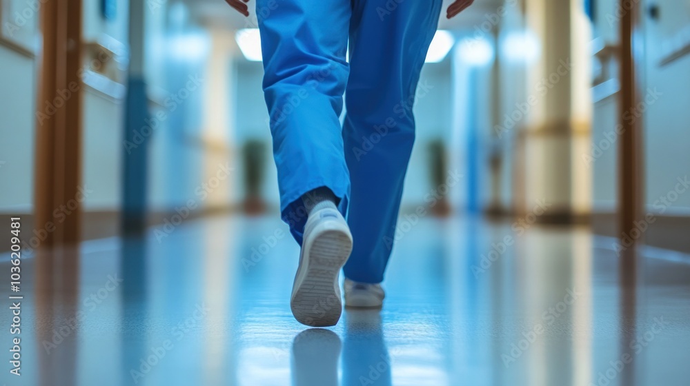 A healthcare worker walks down a hospital corridor in scrubs, emphasizing a clinical environment. A healthcare worker walks down a hospital corridor in scrubs, emphasizing a clinical environment.