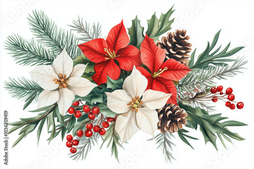 Watercolor Christmas arrangement with poinsettia flowers, pinecones and fir branches