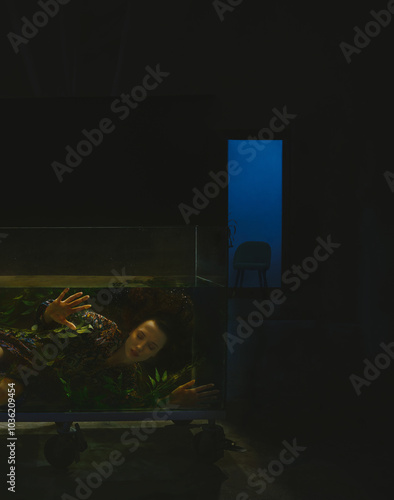 Ethereal underwater portrait of a woman in a dark tank photo