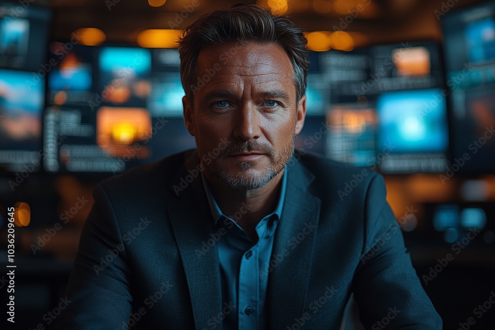 A professional journalist is seated behind a news desk in a modern news studio. Generative AI A professional journalist is seated behind a news desk in a modern news studio. Generative AI