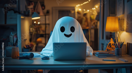 A cute ghost sits at the desk in front of an open laptop, smiling and looking happy. The room is brightly lit with warm lights. There's no one else around