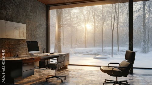 Wallpaper Mural A serene office space with a view of a snowy landscape at sunrise. Torontodigital.ca