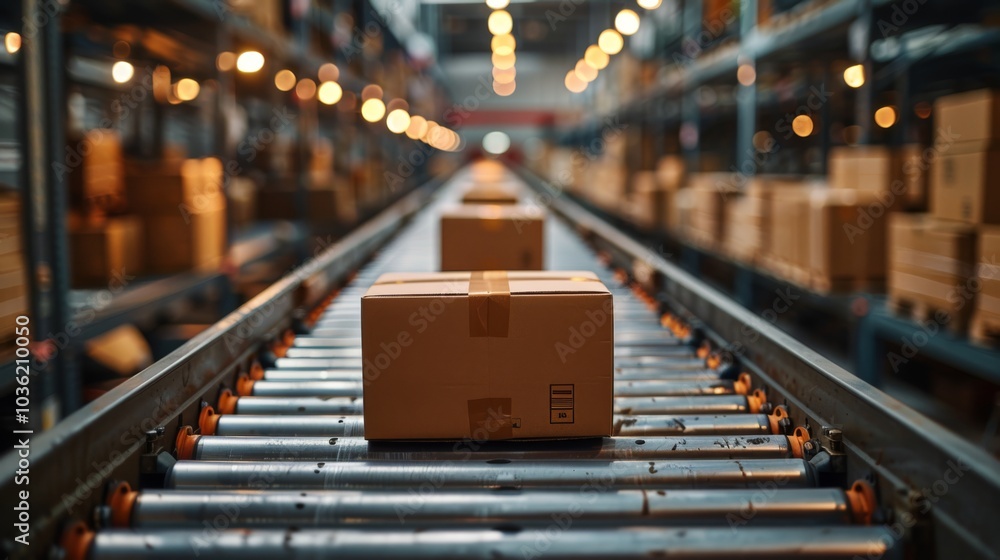 A cardboard box on a conveyor belt in a warehouse. Concept of logistics and distribution. For showcasing automated packing systems. A cardboard box on a conveyor belt in a warehouse. Concept of logistics and distribution. For showcasing automated packing systems.