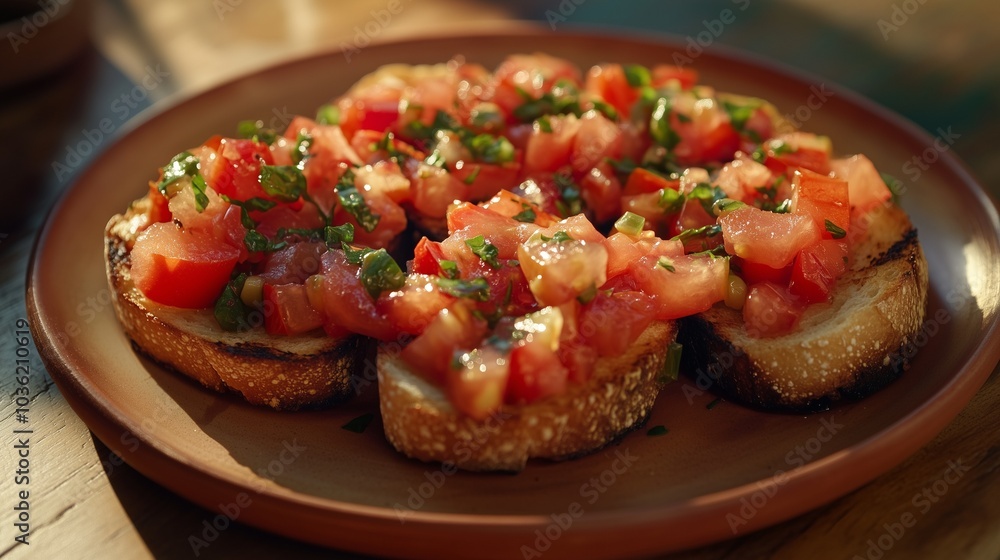 A vibrant plate of bruschetta, featuring toasted bread slices topped with a colorful mix of chopped tomatoes, garlic, and a drizzle of olive oil, capturing the essence of a simple yet flavorful Italia