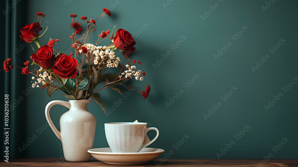 cup of coffee and flowers in a white vase Generated AI cup of coffee and flowers in a white vase Generated AI